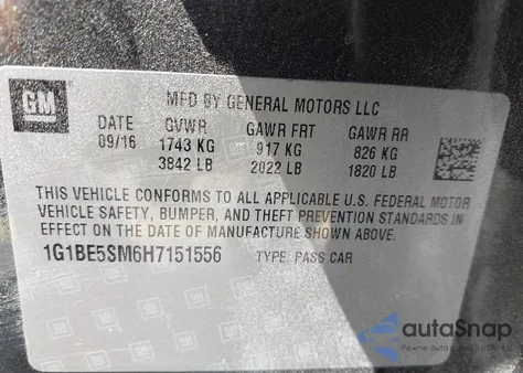 2017 Chevrolet Cruze Lt Auto из США, поврежденный, VIN 1G1BE5SM6H7151556